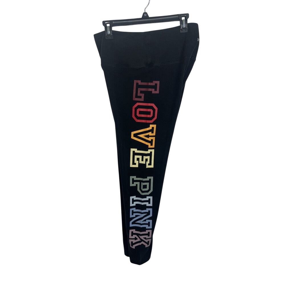 Victoria’s Secret Yoga Rainbow LOVE PINK Logo Pull On Black Leggings XL